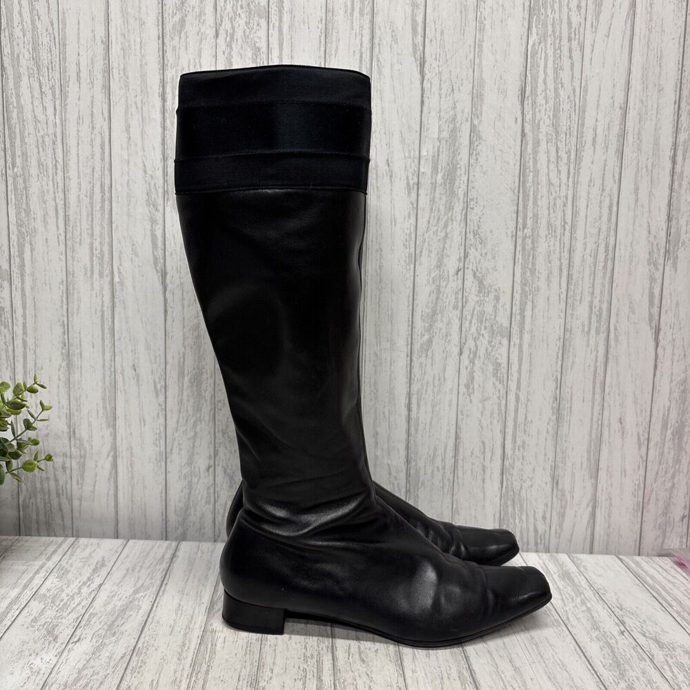 Womens Size 9.5 Gucci Black Leather Riding Boots Bamboo Gold Charm